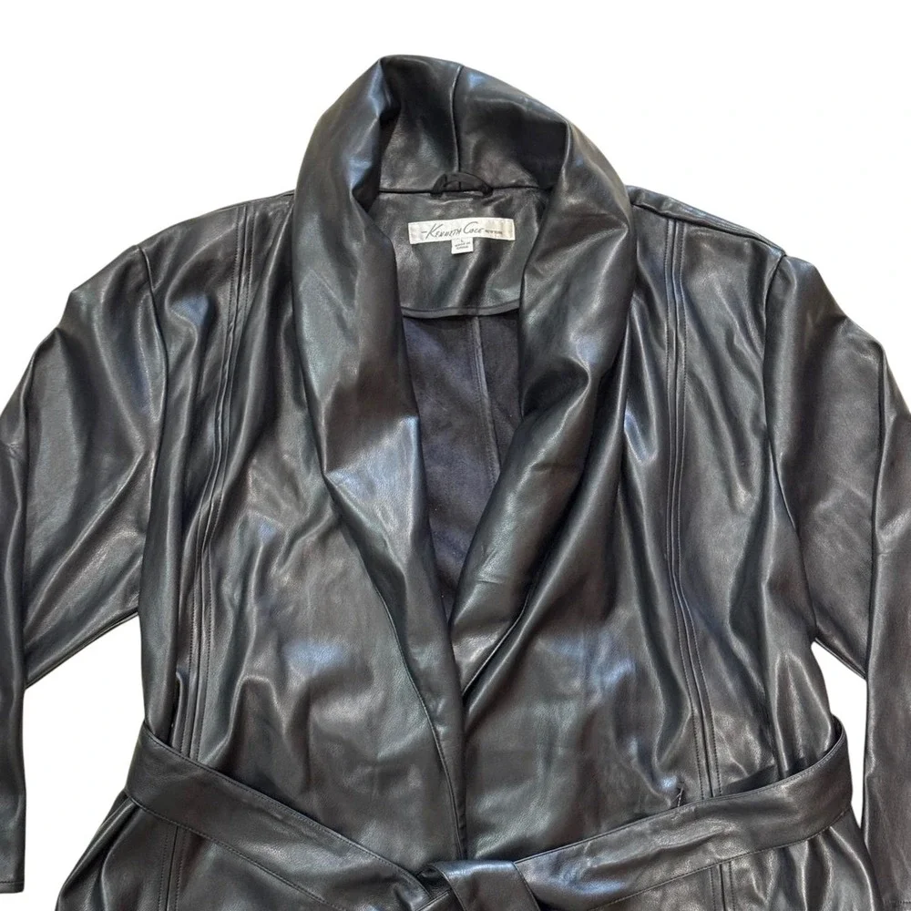 Kenneth Cole Trench Coat Black Faux Leather Tie Belted Women's Size Large